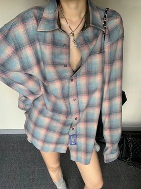 Unisex Blue and Pink Plaid Cotton Button-Down Shirt